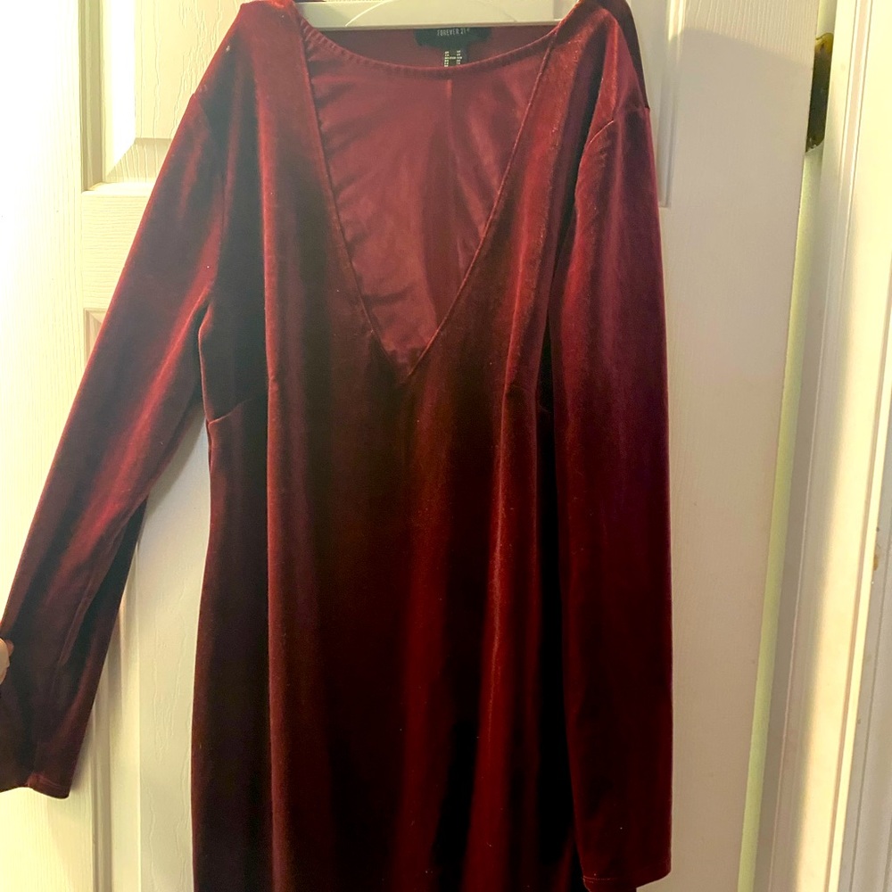 Burgundy Velvet Long Sleeve dress with mesh V-neck